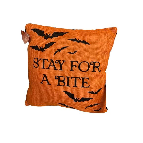 NWT Halloween Stay For A Bite Orange Bats Decorative Accent Pillow 15x15 - Picture 2 of 6